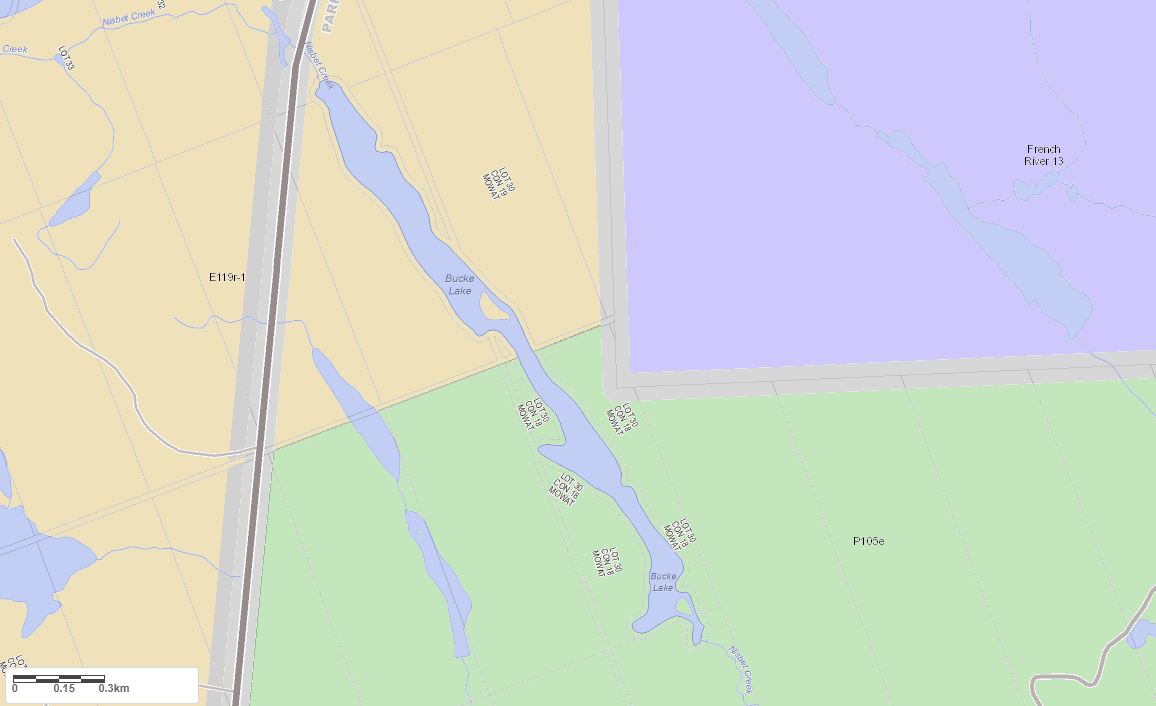 Crown Land Map of Bucke Lake in Municipality of Unincorporated and the District of Parry Sound